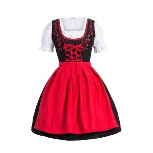 Adult Female Costumes to Hire - German black dress with red apron & detail 